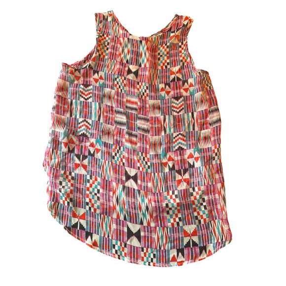 Red Haute 100% Silk Sheer Sleeveless Geometric Print Blouse M Colorful - Picture 5 of 5